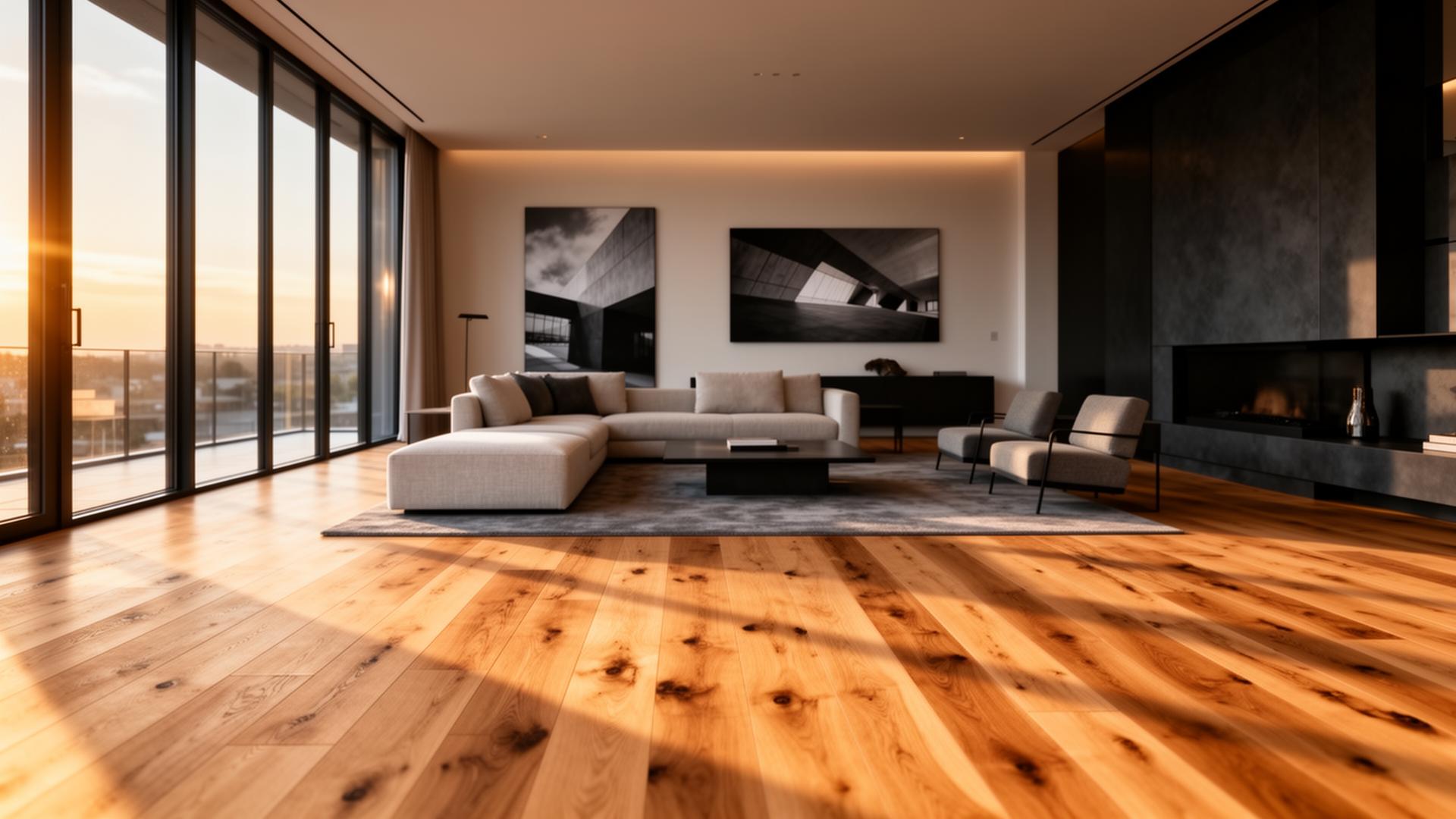 Luxury living room with wide plank oak hardwood flooring